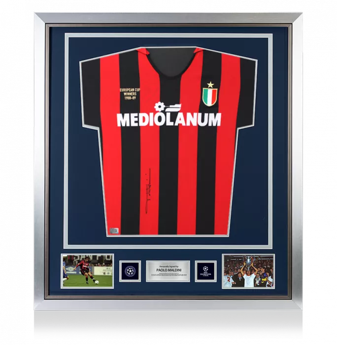 icons Paolo Maldini Official UEFA Champions League Front Signed and Framed AC Milan 1988 Home Shirt: European Cup Winner 1988-89 Edition