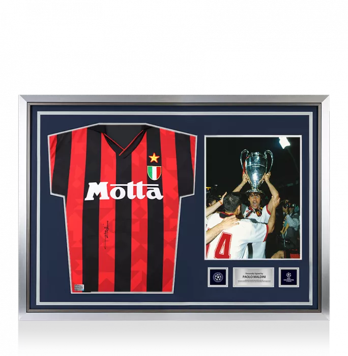 icons Paolo Maldini Official UEFA Champions League Front Signed and Hero Framed AC Milan 1994 Home Shirt