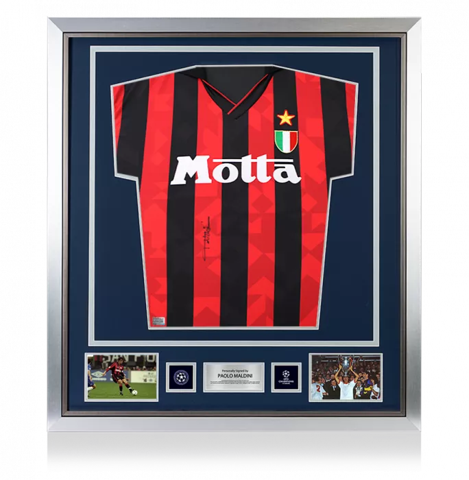 icons Paolo Maldini Official UEFA Champions League Front Signed and Framed AC Milan 1994 Home Shirt