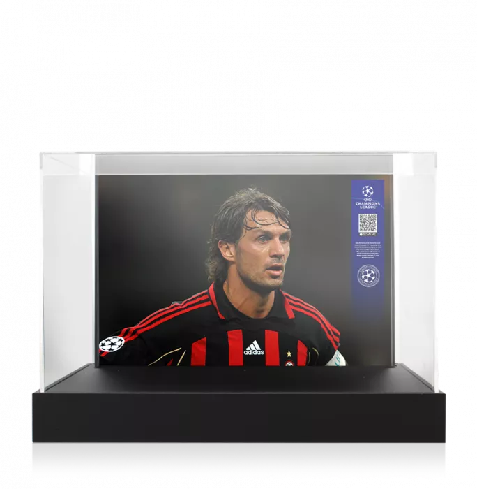 Icons Paolo Maldini Official UEFA Champions League Signed Nike Premier Black Boot In Photo Acrylic Case: Option 1