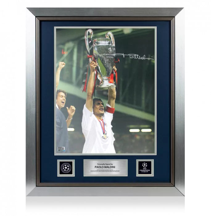 icons Paolo Maldini Official UEFA Champions League Signed and Framed AC Milan Photo: 2003 Winner