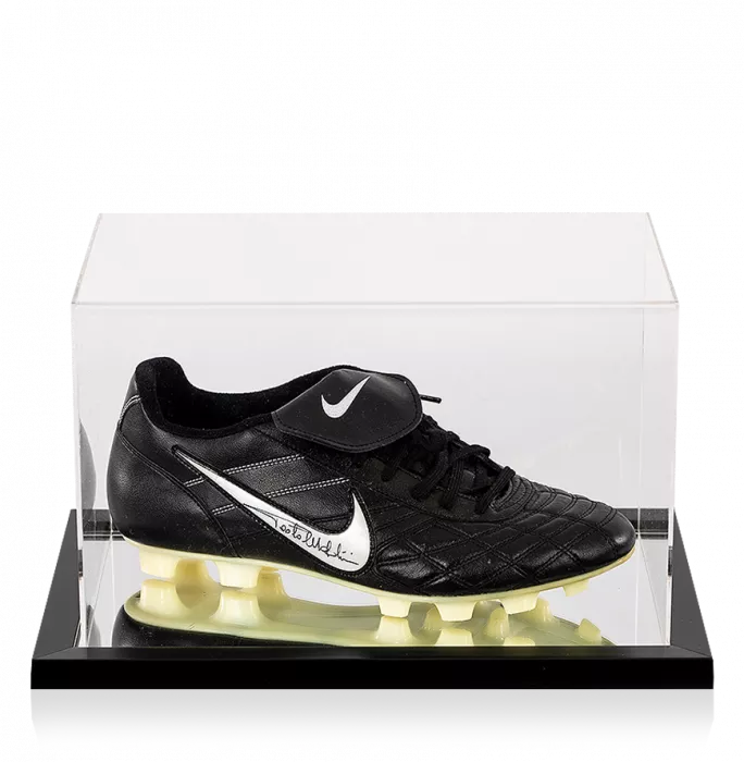 icons Paolo Maldini Signed Black Nike Tiempo Boot In Acrylic Case