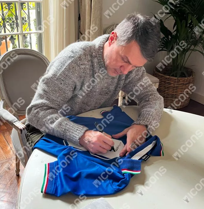 Icons Paolo Maldini Signed Italy 1990 Home Shirt With Fan Style Number In Hero Frame: Option 1