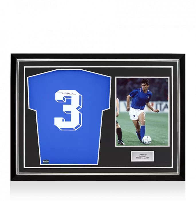 icons Paolo Maldini Signed Italy 1990 Home Shirt with Fan Style Number In Hero Frame: Option 1