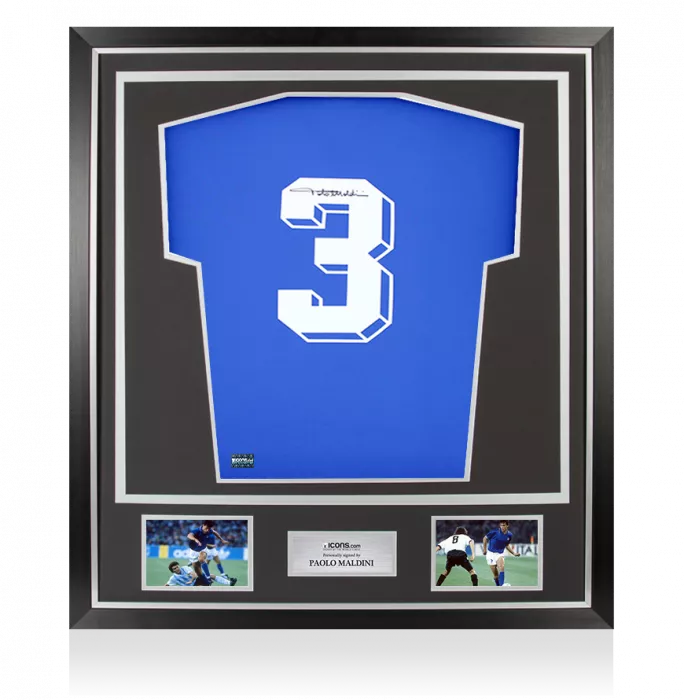 icons Paolo Maldini Signed Italy 1990 Home Shirt with Fan Style Number In Classic Frame