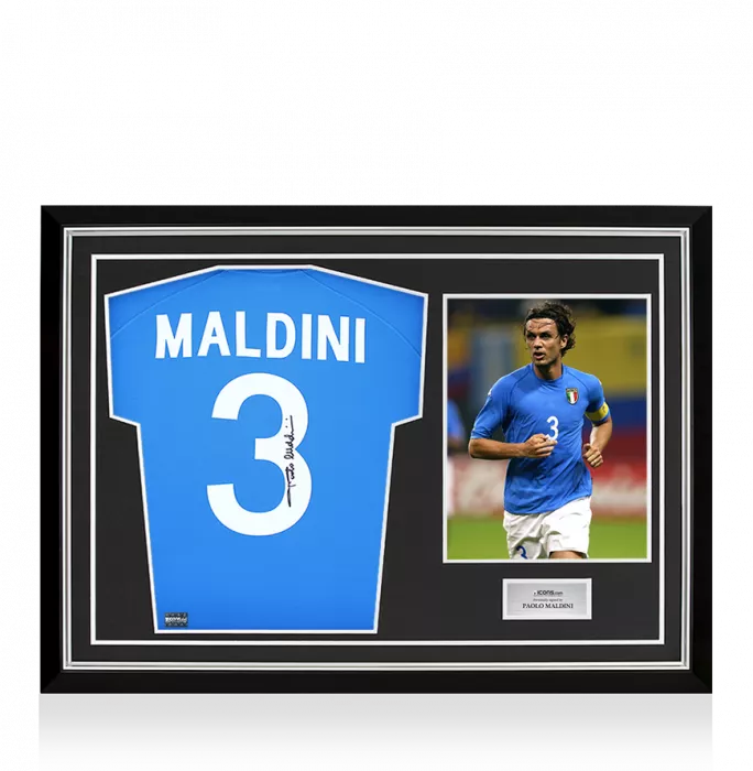 icons Paolo Maldini Signed Italy 2002 Home Shirt In Hero Frame: Option 1
