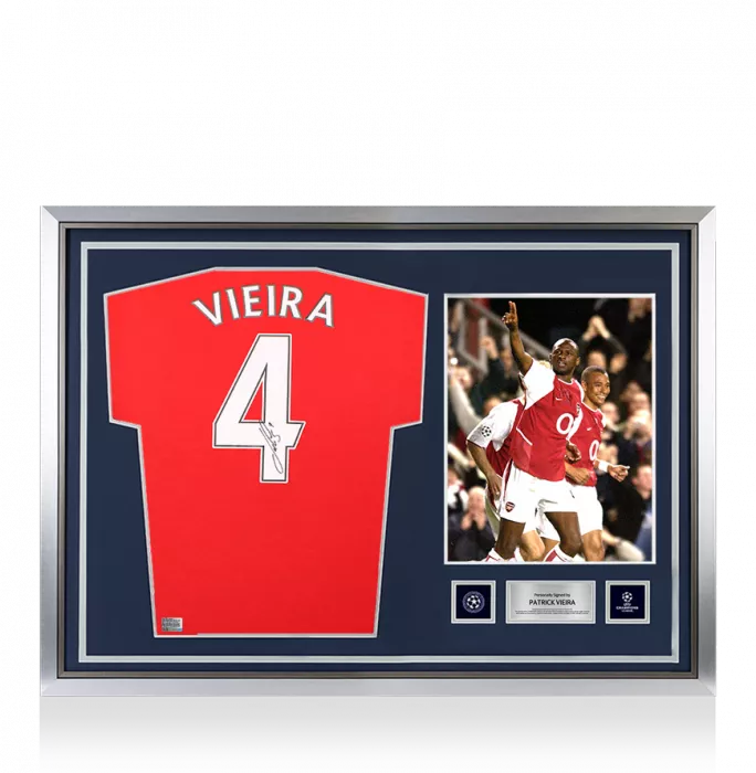 Icons Patrick Vieira Official UEFA Champions League Back Signed And Hero Framed Arsenal Retro Home Shirt