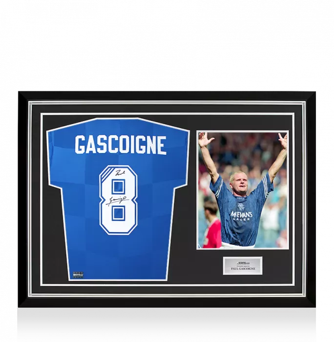 icons Paul Gascoigne Back Signed Rangers 2016-17 Home Shirt In Hero Frame: Option 1