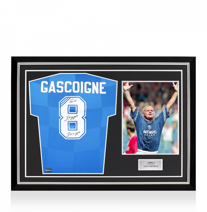 icons Paul Gascoigne Back Signed Rangers 2016-18 Home Shirt In Hero Frame: Option 1