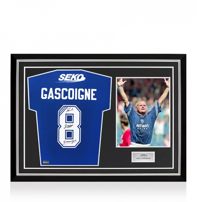 icons Paul Gascoigne Back Signed Rangers 2023-24 Home Shirt In Hero Frame: Option 1