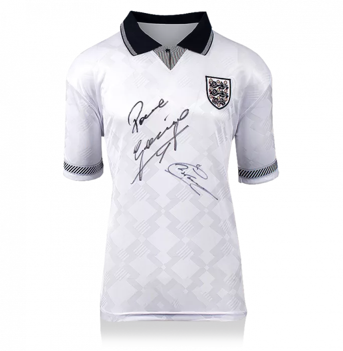 icons Paul Gascoigne & Chris Waddle Front Signed England 1990 Home Shirt