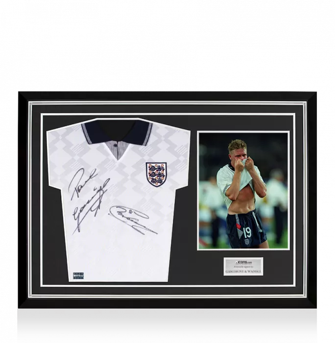 icons Paul Gascoigne & Chris Waddle Front Signed England 1990 Home Shirt Home Shirt In Hero Frame: Option 1