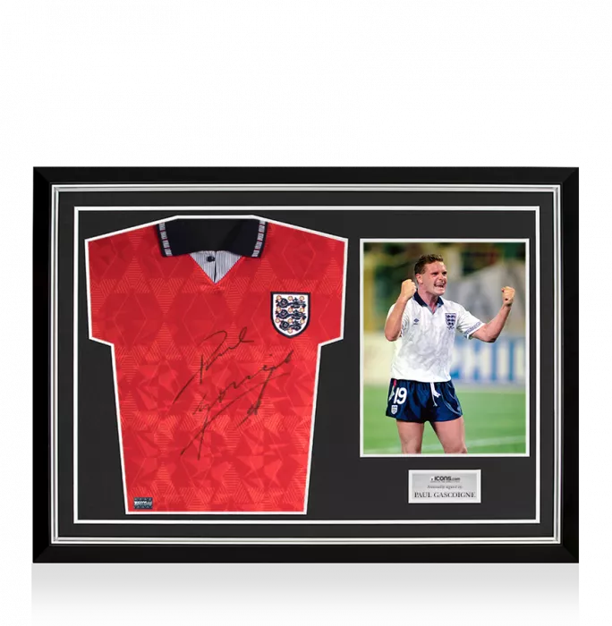 icons Paul Gascoigne Front Signed England 1990 Away Shirt Home Shirt In Hero Frame: Option 1