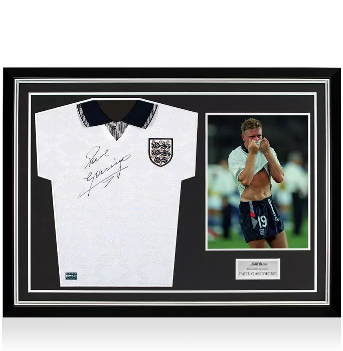 icons Paul Gascoigne Front Signed England 1990 Home Shirt In Hero Frame: Option 1