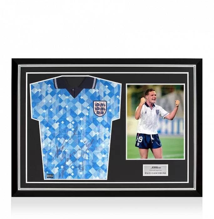 icons Paul Gascoigne Front Signed England 1990 Third Shirt Home Shirt In Hero Frame: Option 1