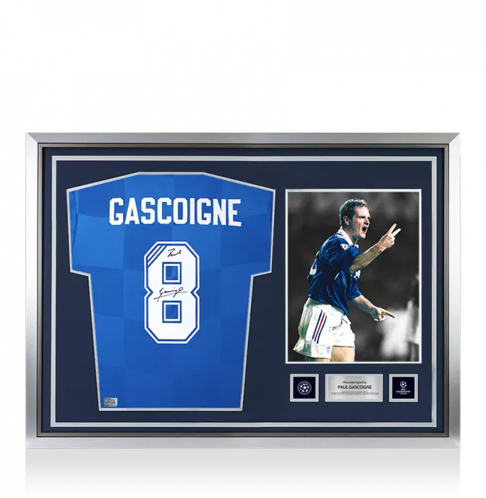 icons Paul Gascoigne Official UEFA Champions League Back Signed and Hero Framed Rangers 2016-17 Home Shirt