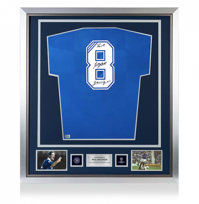 icons Paul Gascoigne Official UEFA Champions League Back Signed and Framed Rangers 2016-18 Home Shirt