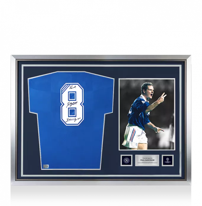 icons Paul Gascoigne Official UEFA Champions League Back Signed and Hero Framed Rangers 2016-18 Home Shirt