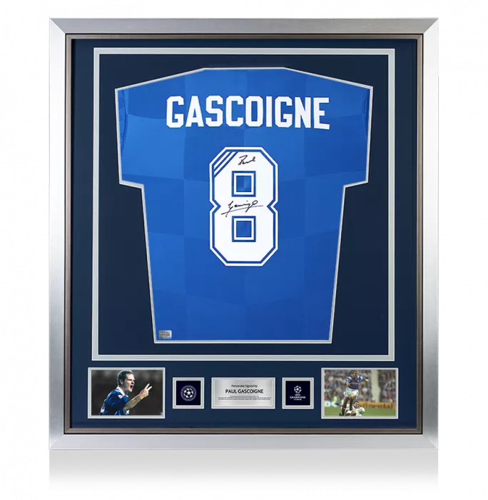 icons Paul Gascoigne Official UEFA Champions League Back Signed and Framed Rangers 2016-17 Home Shirt