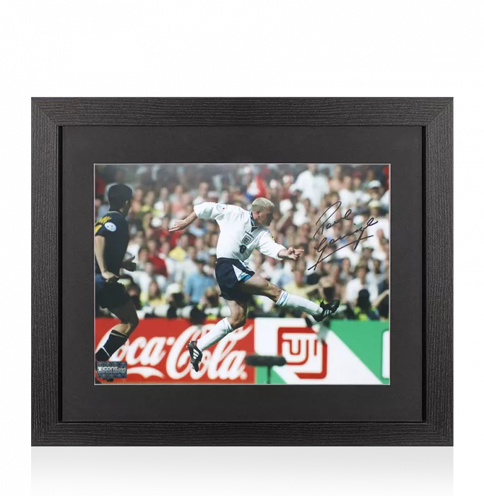 icons Paul Gascoigne Signed England Photo In Black Wooden Frame: Iconic UEFA EURO 1996 Goal vs Scotland