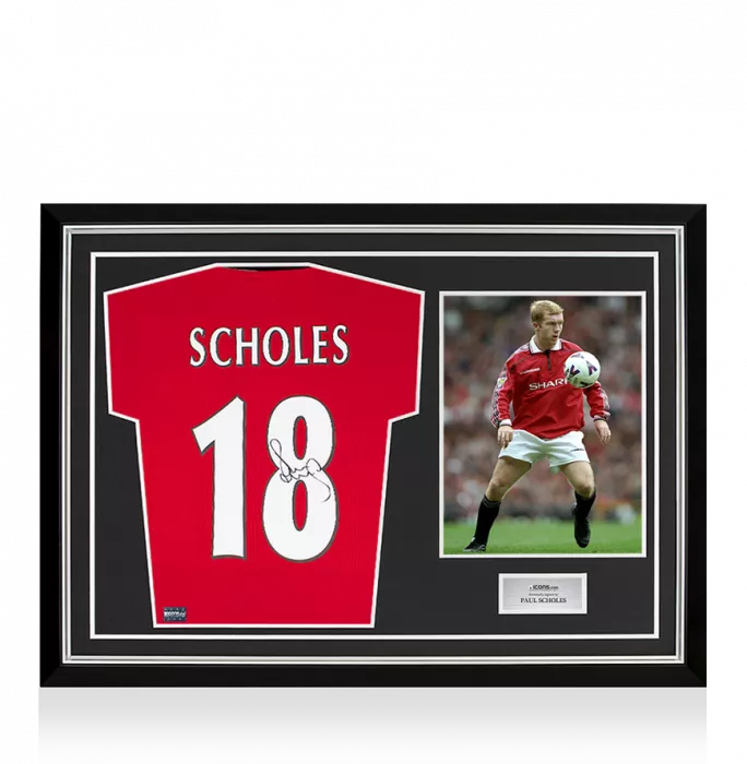 icons Paul Scholes Back Signed 1999 Manchester United Home Shirt: Premier League Edition In Hero Frame: Option 1