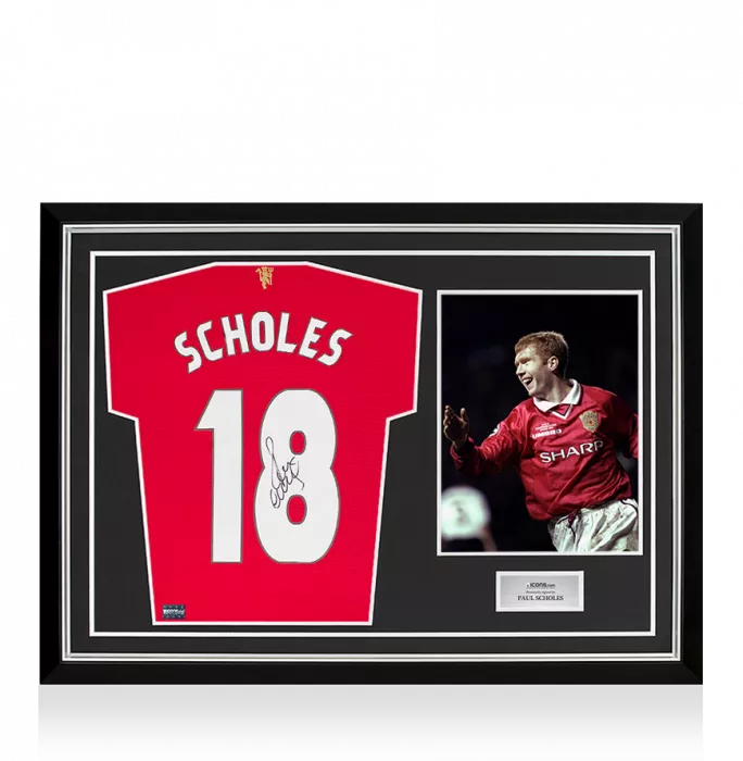 icons Paul Scholes Back Signed Manchester United 2021-22 Home Shirt: UCL Edition In Hero Frame: Option 1
