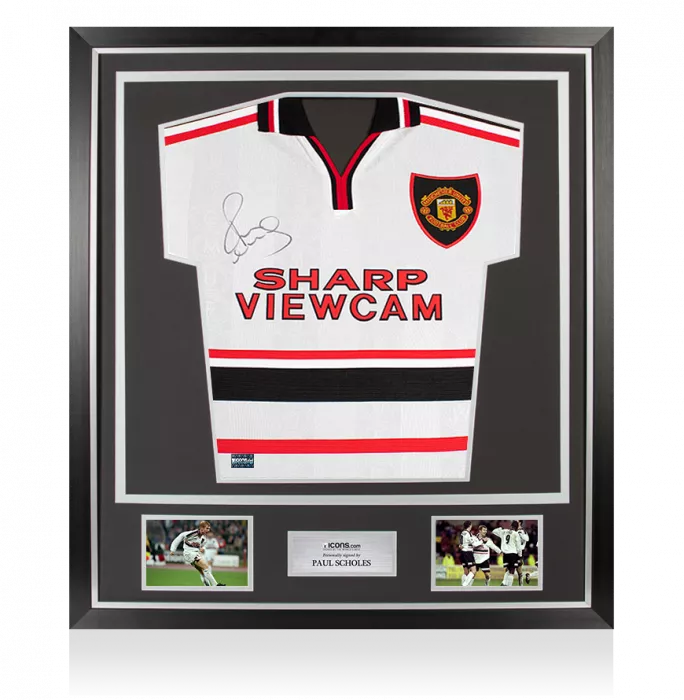 icons Paul Scholes Front Signed Manchester United 1999 Away Shirt In Classic Frame