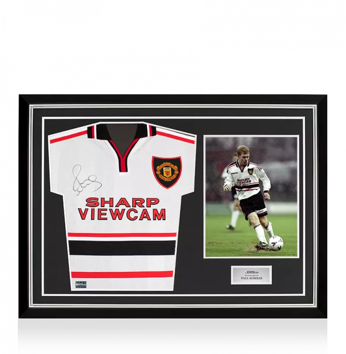 icons Paul Scholes Front Signed Manchester United 1999 Away Shirt In Hero Frame: Option 1