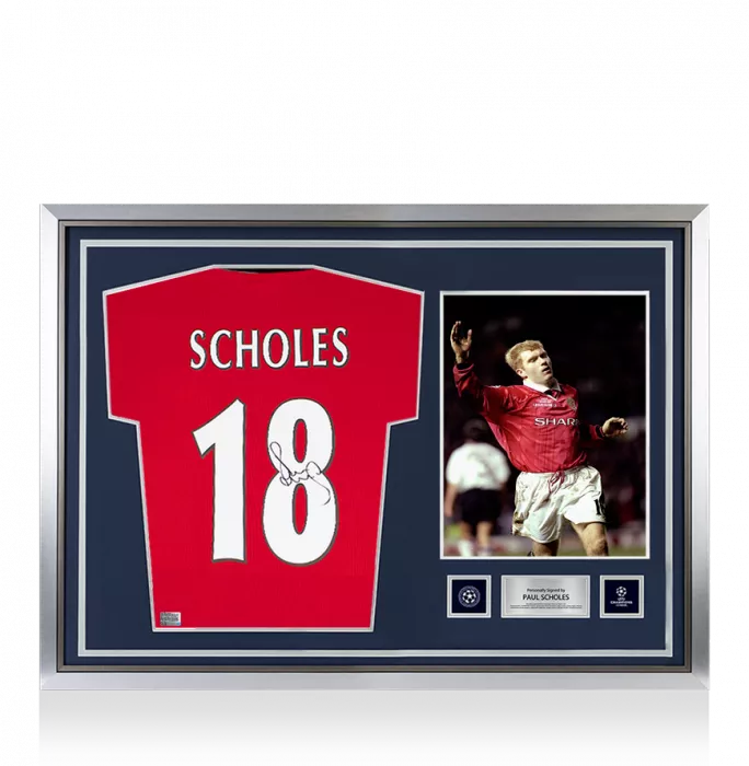 icons Paul Scholes Official UEFA Champions League Back Signed and Hero Framed 1999 Manchester United Home Shirt: Premier League Edition