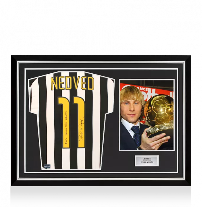 icons Pavel Nedved Back Signed Juventus 2003-04 Home Shirt - "2003 Ballon d'Or Winner" Inscription In Hero Frame: Option 1