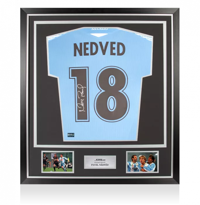 icons Pavel Nedved Back Signed Modern SS Lazio Home Shirt with Fan Style Numbers In Classic Frame