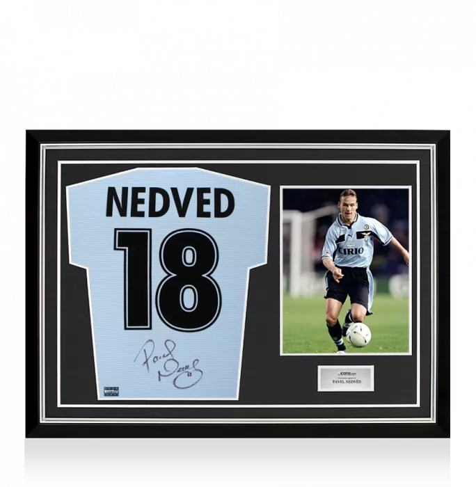 icons Pavel Nedved Back Signed SS Lazio 1998-00 Home Shirt In Hero Frame: Option 1