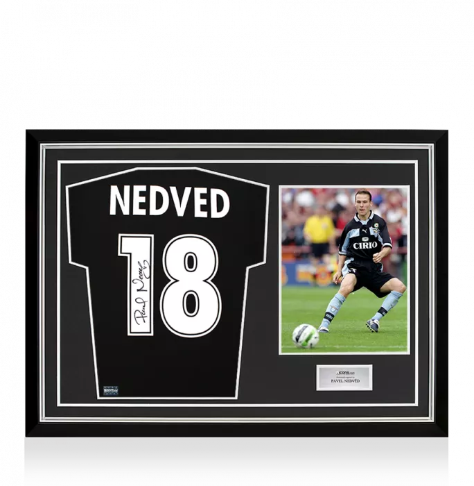 icons Pavel Nedved Back Signed SS Lazio 1998-99 Away Shirt In Hero Frame: Option 1