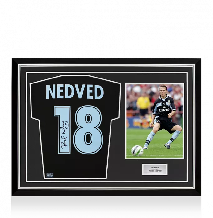 icons Pavel Nedved Back Signed SS Lazio 1998-99 Away Shirt In Hero Frame: Option 1