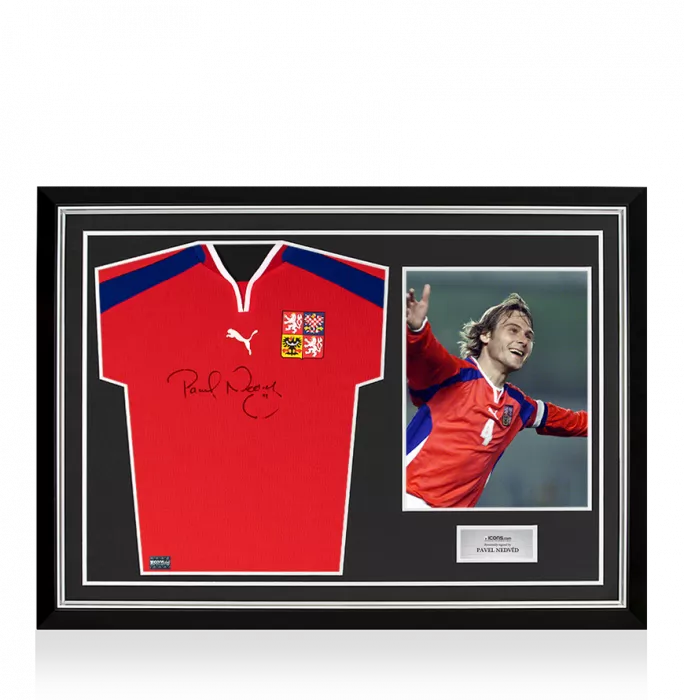 Icons Pavel Nedved Front Signed Retro Czech Republic Home Shirt In Hero Frame: Option 1