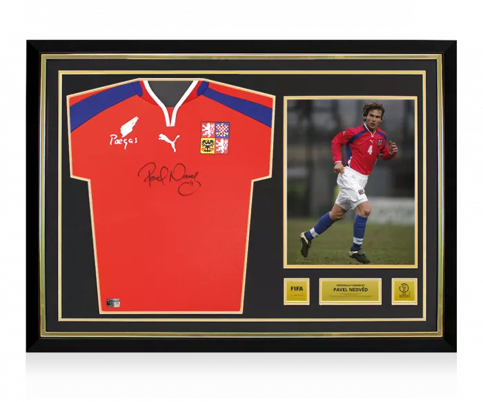 icons Pavel Nedved Official 2002 FIFA World Cup™ Front Signed and Hero Framed Czech Republic 2000-02 Home Shirt
