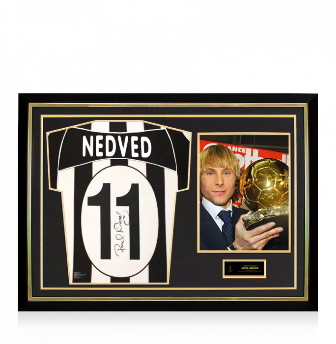 icons Pavel Nedved Official Ballon d'Or™ Back Signed and Hero Framed Juventus 2002-03 Home Shirt