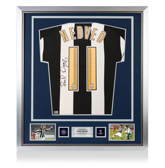icons Pavel Nedved Official UEFA Champions League Back Signed and Framed Juventus 2004-05 Home Shirt