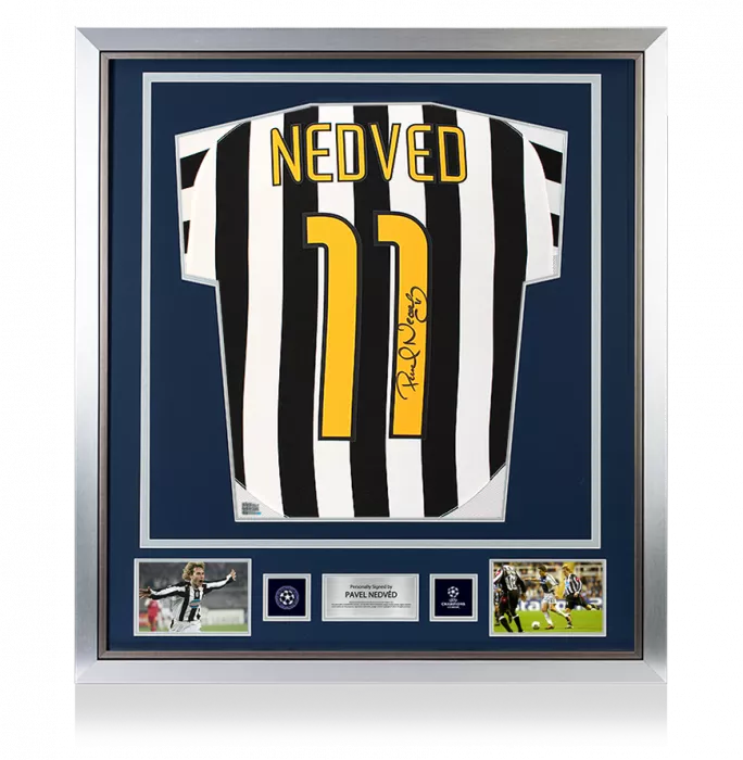 icons Pavel Nedved Official UEFA Champions League Back Signed and Framed Juventus 2003-04 Home Shirt