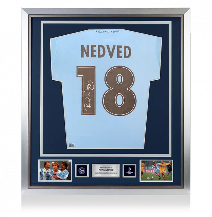 icons Pavel Nedved Official UEFA Champions League Back Signed and Framed SS Lazio 2025-26 Home Shirt with Fan Style Numbers
