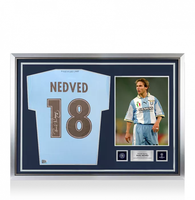 icons Pavel Nedved Official UEFA Champions League Back Signed and Hero Framed SS Lazio 2025-26 Home Shirt with Fan Style Numbers