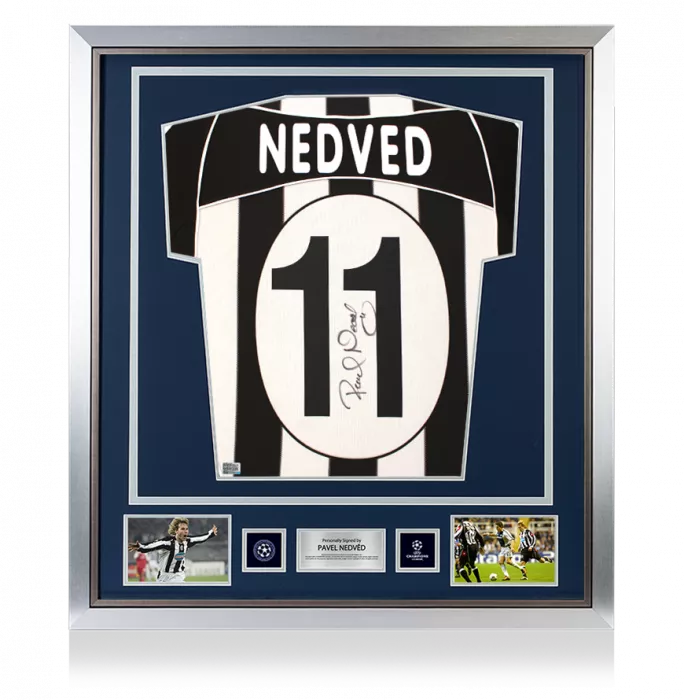 icons Pavel Nedved Official UEFA Champions League Back Signed and Framed Juventus 2002-03 Home Shirt