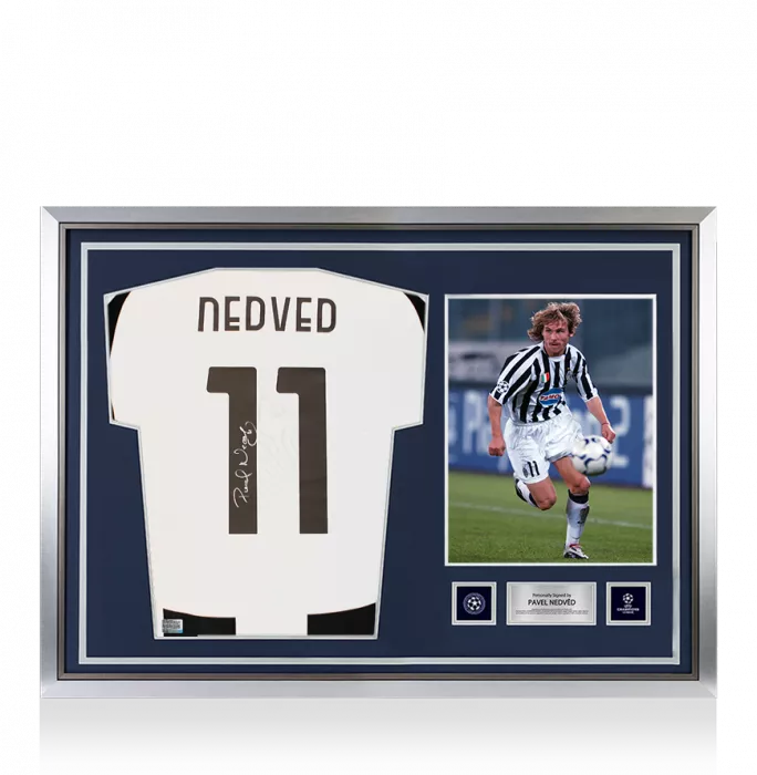 icons Pavel Nedved Official UEFA Champions League Back Signed and Hero Framed Juventus 2024-25 Home Shirt with Fan Style Numbers