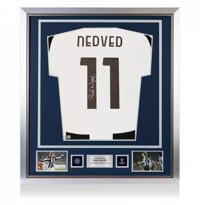 icons Pavel Nedved Official UEFA Champions League Back Signed and Framed Juventus 2024-25 Home Shirt with Fan Style Numbers