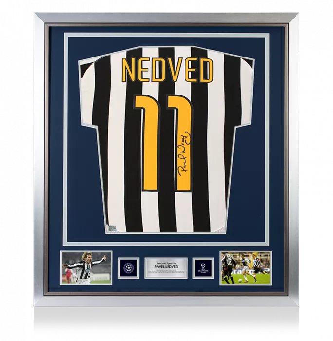 icons Pavel Nedved Official UEFA Champions League Back Signed and Framed Juventus 2003-04 Home Shirt