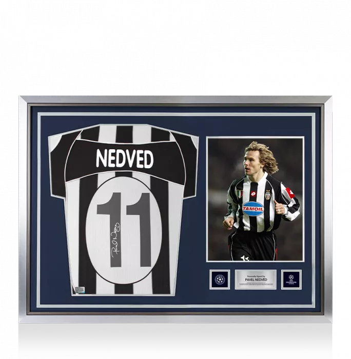 icons Pavel Nedved Official UEFA Champions League Back Signed and Hero Framed Juventus 2002-03 Home Shirt with Fan Style Numbers