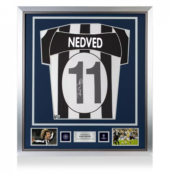 icons Pavel Nedved Official UEFA Champions League Back Signed and Framed Juventus 2002-03 Home Shirt with Fan Style Numbers