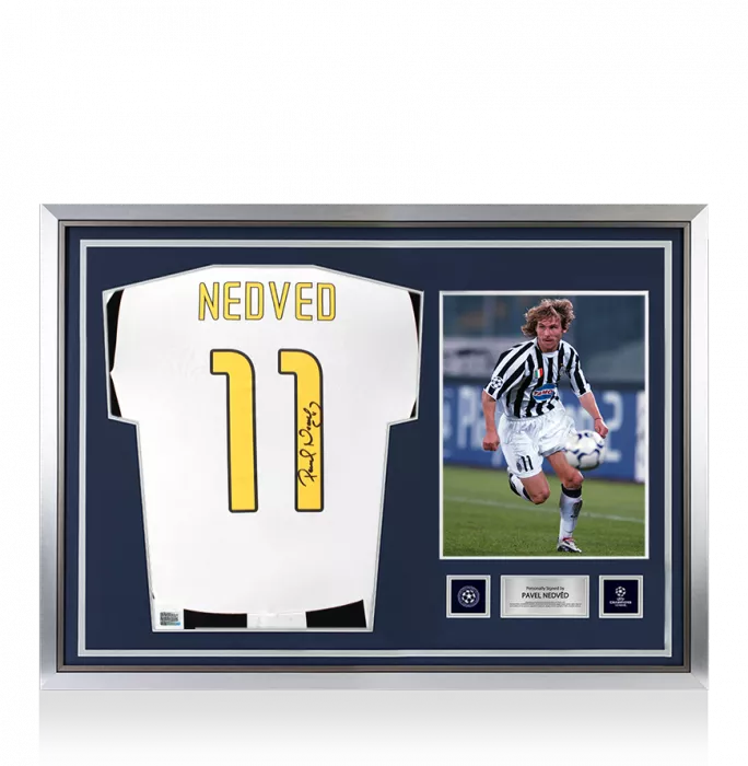 icons Pavel Nedved Official UEFA Champions League Signed and Hero Framed Juventus 2024-25 Home Shirt with Fan Style Numbers