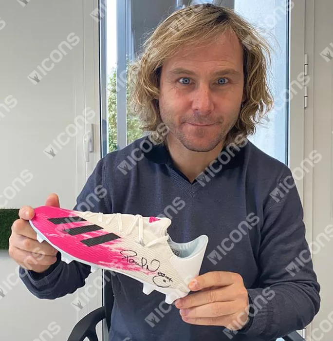 Icons Pavel Nedved Official UEFA Europa League Signed Pink And White Adidas X 19.3 Boot In Acrylic Case