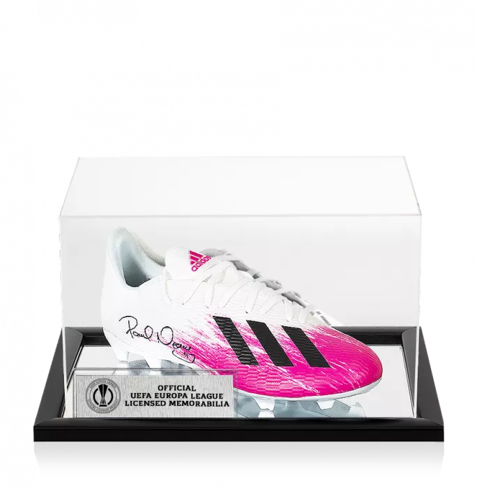 icons Pavel Nedved Official UEFA Europa League Signed Pink and White Adidas X 19.3 Boot In Acrylic Case